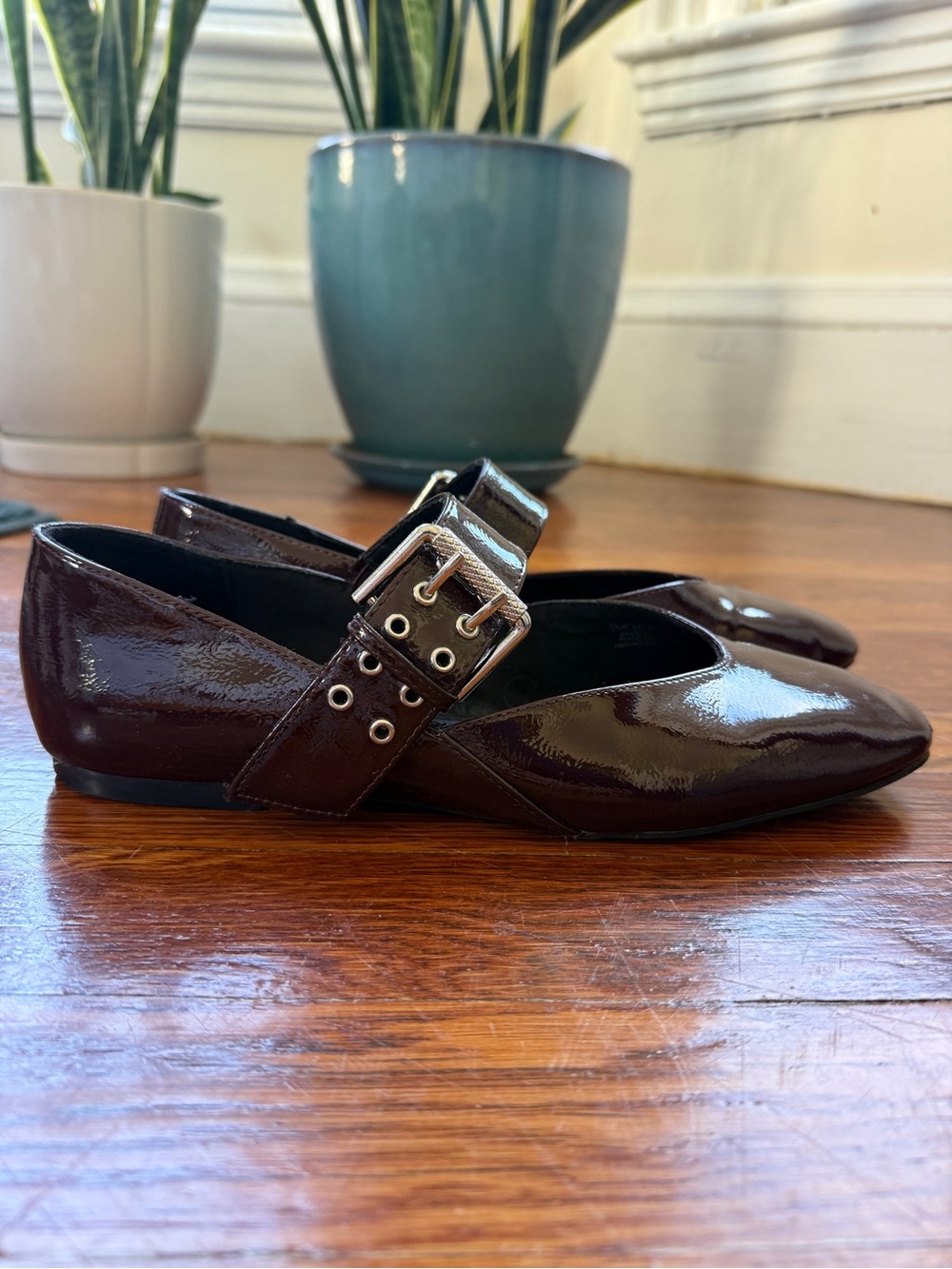 Zara Patent Leather Buckle Flats in Deep Burgundy